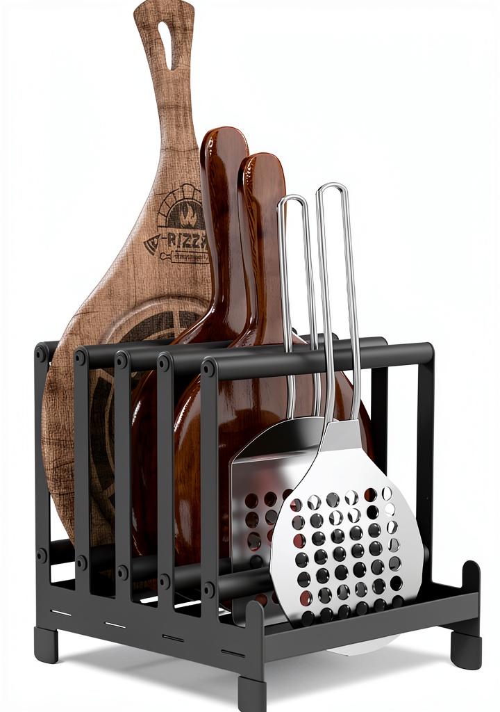 Nisorpa pizza peel rack displaying five slots for peels in a kitchen setting