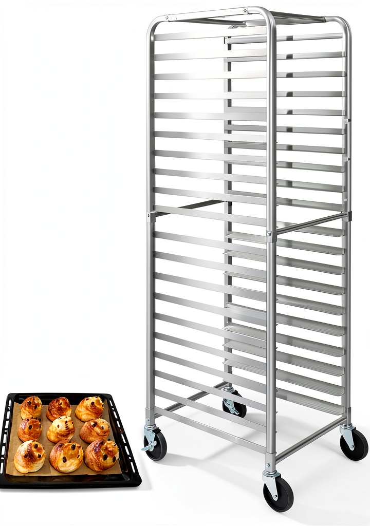 Sadoup Bun Pan Rack loaded with baking trays in a commercial kitchen