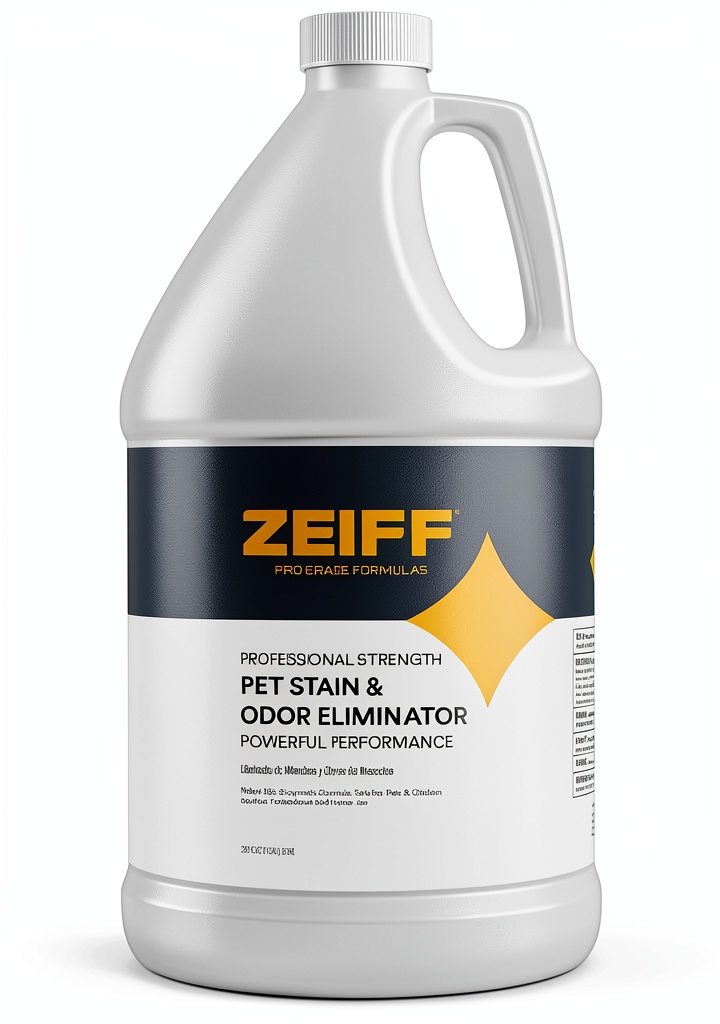 Zeiff Pet Stain Remover bottle on a carpet with pet stains